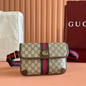 Gucci Beige GG Supreme Belt Bag with Red & Green Web Stripe